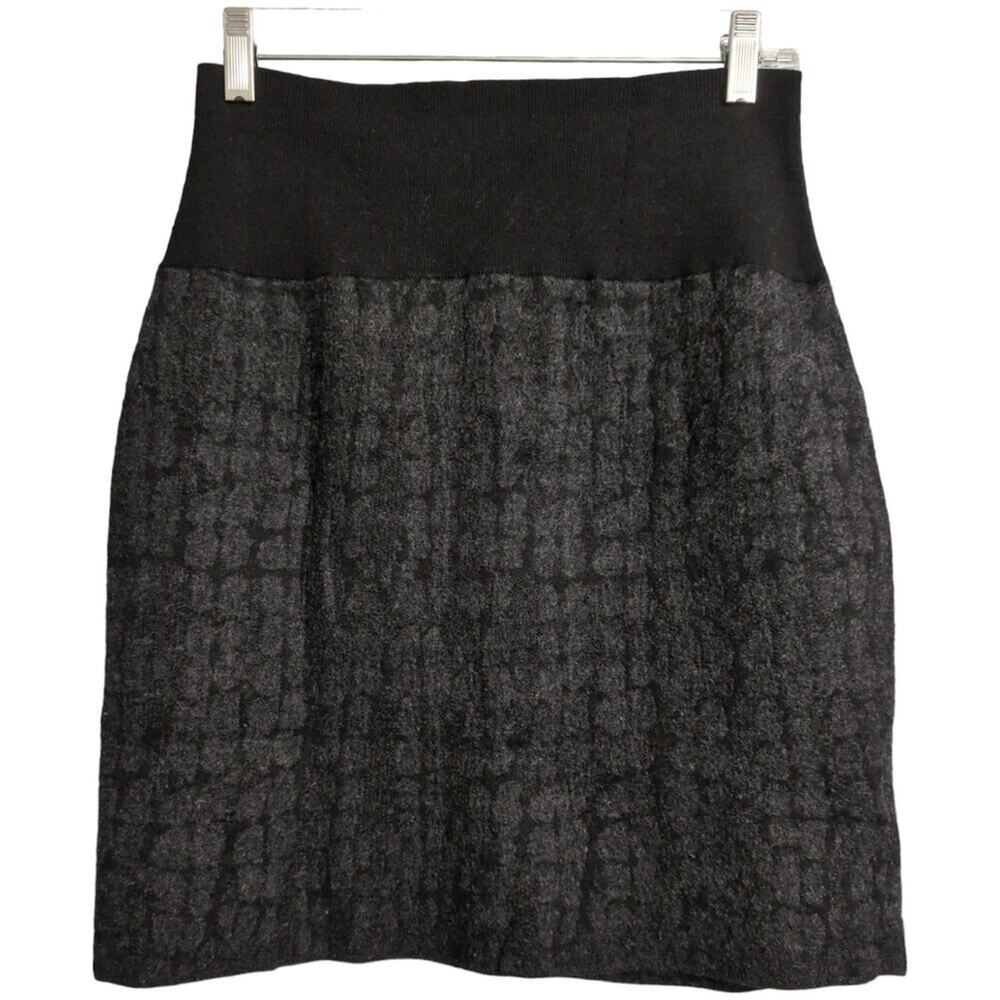Eileen Fisher Black Textured High Waisted A Line Wool Blend Skirt Size L